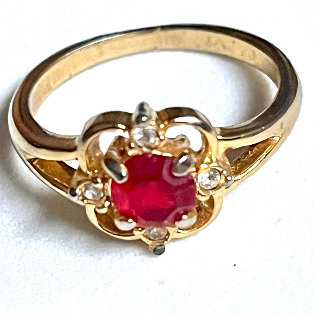 Gold Ring with Red Gemstone and Diamond Accents- faux but nice quality